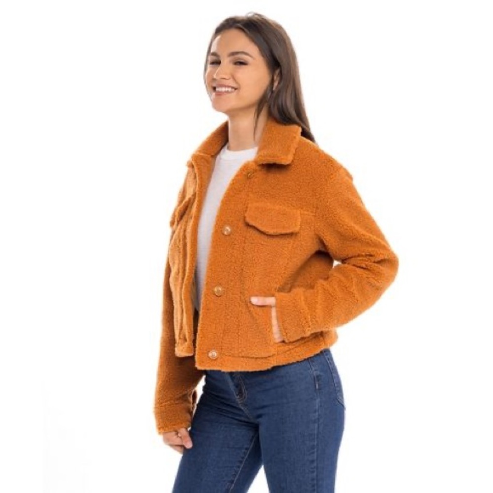Know one Cares fuzzy burnt orange teddy bear casual cropped cozy jacket